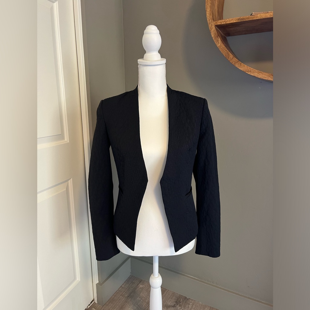Theory Lanai Blazer, Size 2, Dark Navy/Black Patterned Fabric With Black Panels